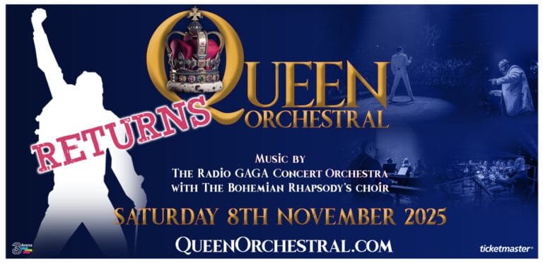 Promotional poster for QUEEN Orchestral 2025 at Dublin’s 3Arena featuring ‘The Show Must Go On’